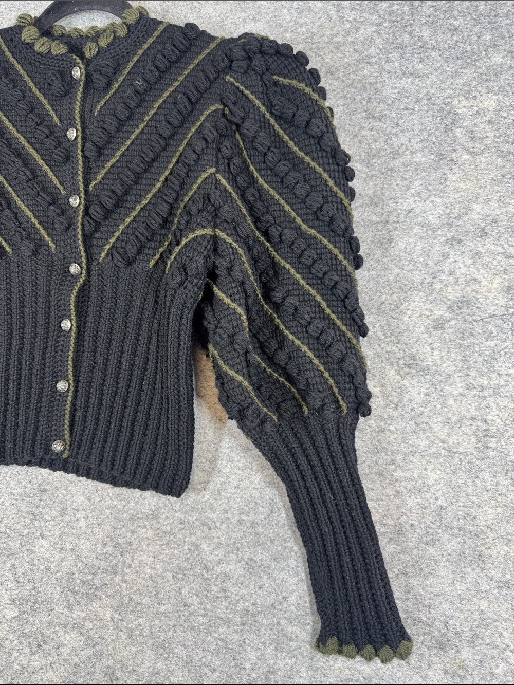 Vintage 80s Black Cropped Puff Sleeve Knit Cardigan Boho Handmade No Size - Picture 4 of 13